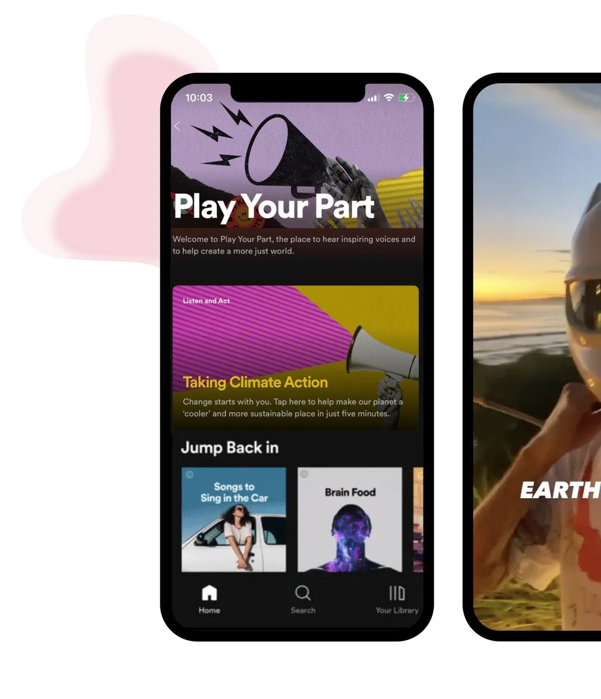 The Time for Climate Action campaign in the Spotify app, alongside a campaign video