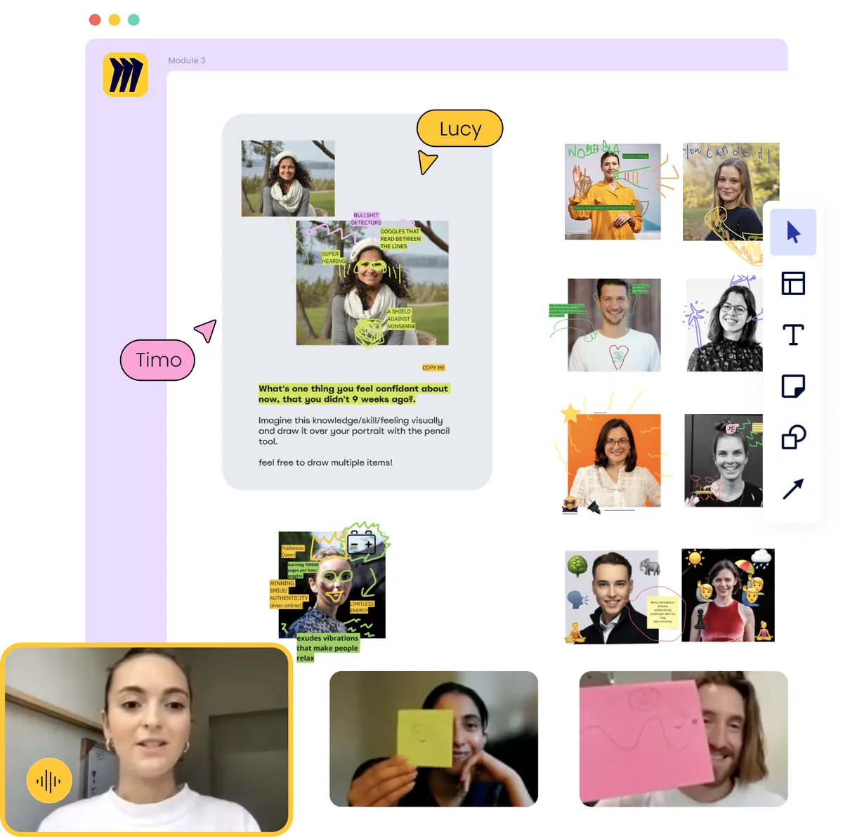 A live course session: participants drawing over their own portraits on a shared whiteboard, with video tiles below